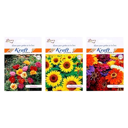 Kraft Seeds Sunflower Dwarf and Zinnia Mix and Portulaca Hybrid 3 in 1 Flower Seed Combo (Pack of 3)