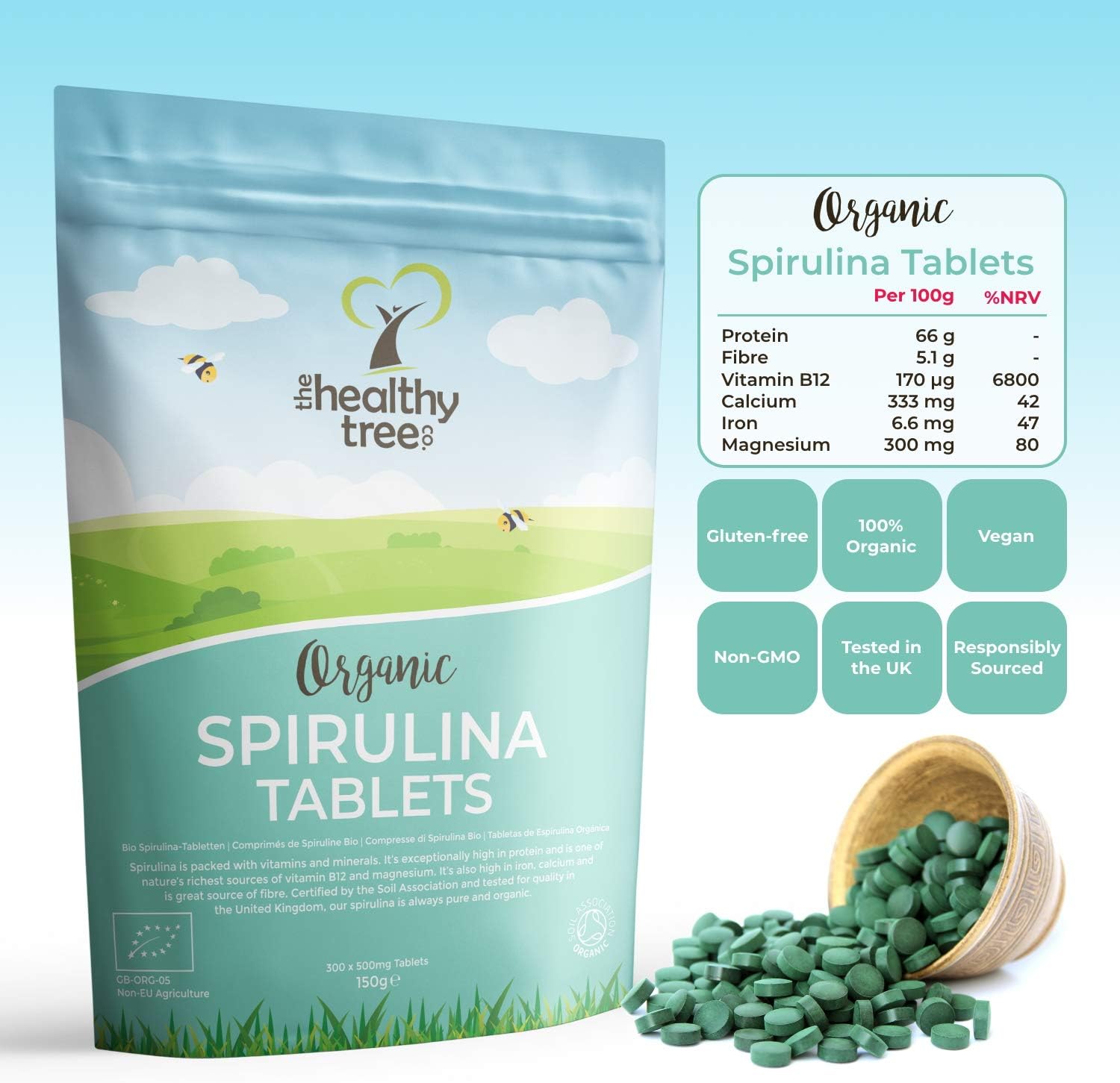 Organic Spirulina Tablets by TheHealthyTree Company, Vegan, High in Vitamin B12, Protein, Magnesium, Iron and Calcium - Image 3