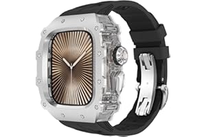 HUALIMEI Luxury 316L Stainless Steel Case for Apple Watch 46mm Fluoroelastomer Rubber Band, 316L Stainless Steel Bumper Cover for iWatch S10 46mm Shock-Resistant Case Replacement FKM Strap (46mm, Silver)