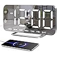 Slim LED Digital Alarm Clock, Mirror Surface for Makeup, with Diming, Large Display, Easy Setting, USB Ports, Modern Decor for Bedroom, Desk, Xmas, Birthday Gift for Women, Sister, Teen Girl, Silver