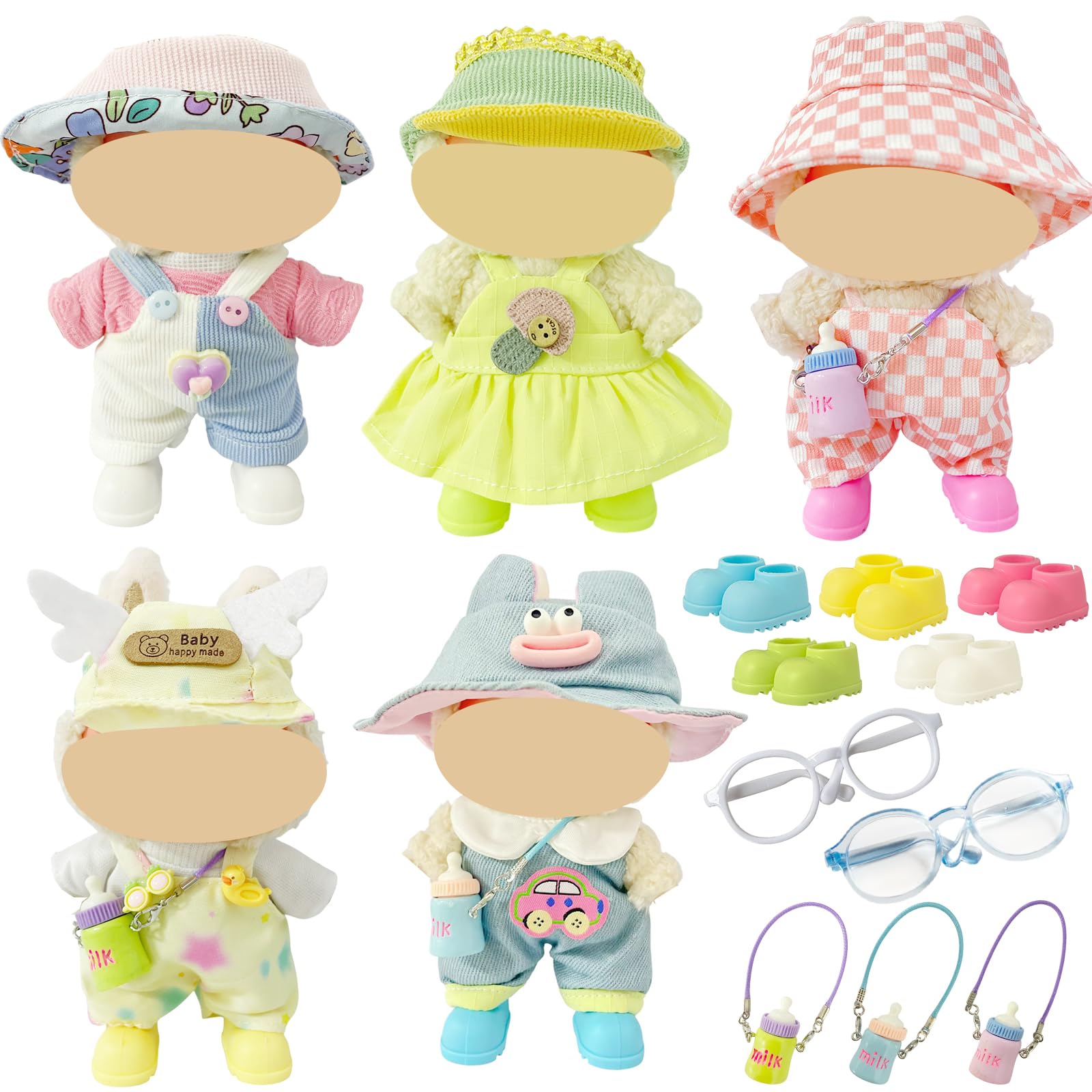 Photo 1 of Ezcora Macaron Style Doll Clothes Set for 17cm Plush Dolls, Include 5 Outfits with Hats, Shoes, Glasses and Mini Bags, Cute Dress Up Outfit for Doll Display, (No Dolls) (Macaron Style)