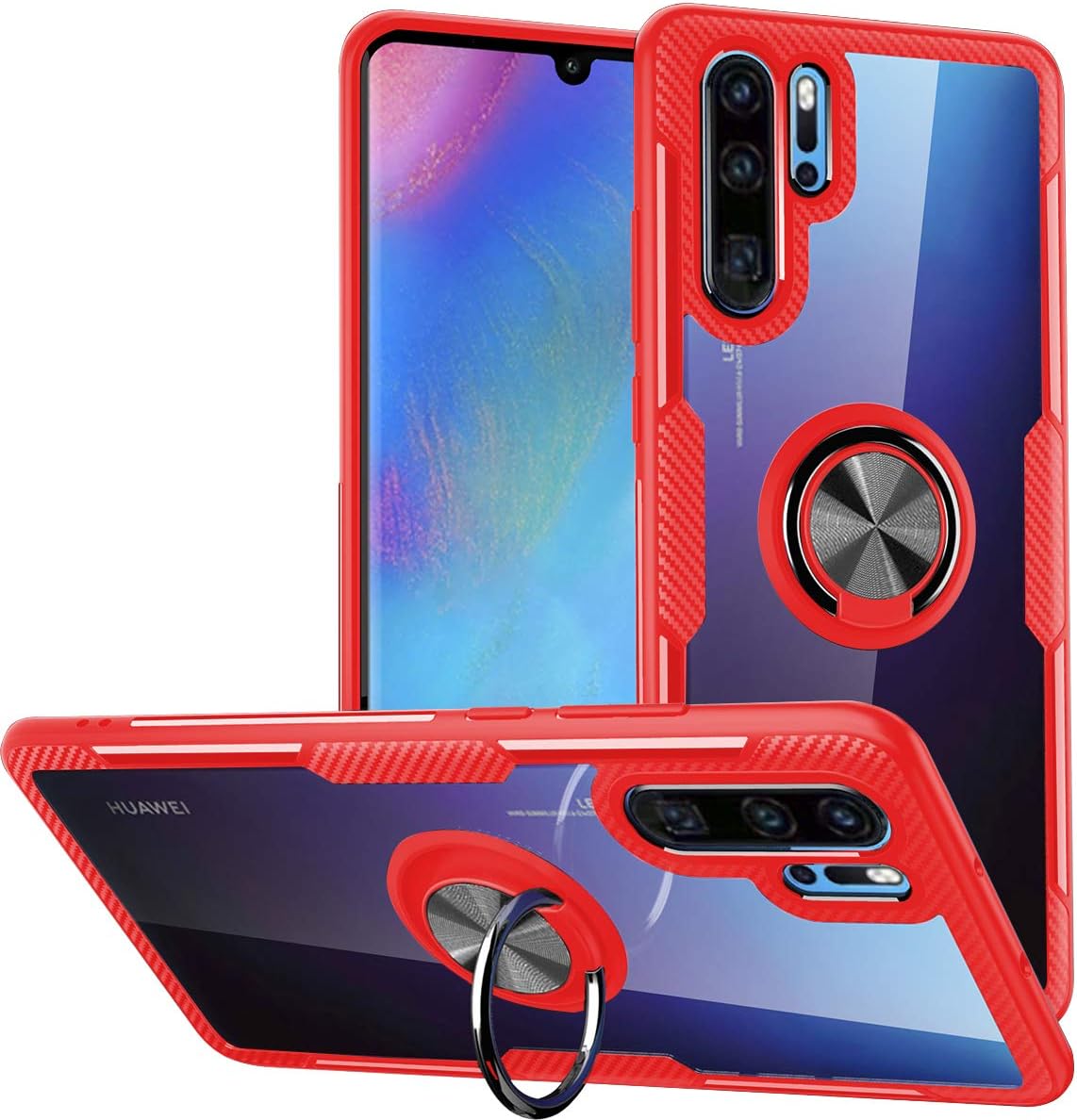 WATACHEHuawei P30 Pro Case, Clear Crystal Carbon Fiber Design Armor Protective Case with 360 Degree Rotating Finger Ring Grip Holder Stand [Magnetic Car Mount Feature] for Huawei P30 Pro (Red)