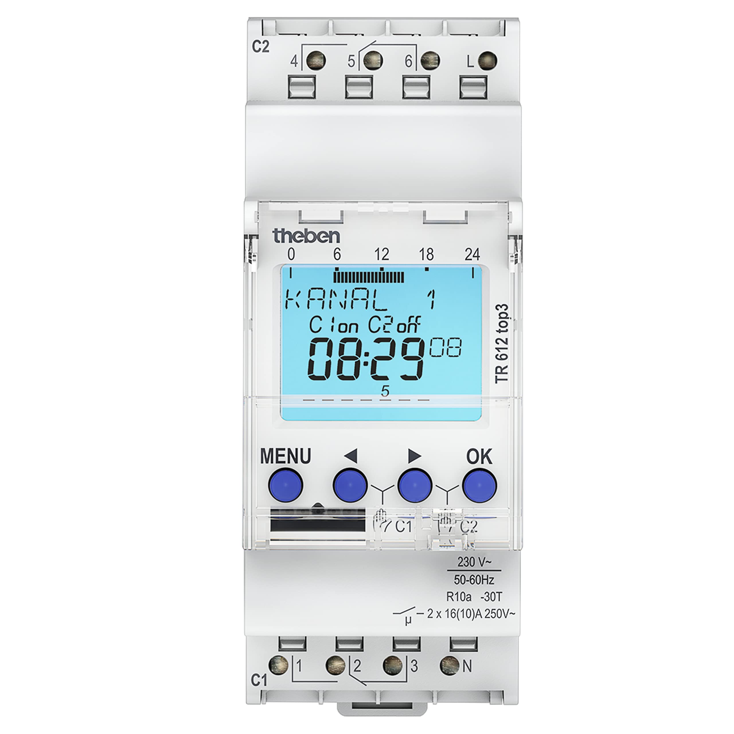 Theben powerful 2 channel digital time switch TR 612 top3 - weekly program, app programming possible, 10 year power reserve, up to 600 W LED 6120130