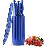 Mealia Kitchen Knife Set with Block, 6-Piece Non-stick Stainless Steel Sharp Knives Set for Precision Cutting with Universal Knife Block for Kitchen, Ergonomic Design & Dishwasher Safe, Purple