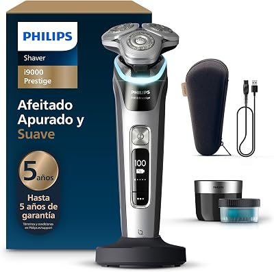 i9000 Prestige, Afeitadora Eléctrica Hombre, Máquina de Afeitar Barba en Seco y Húmedo, Tecnología SkinIQ, Base de Carga, Recargable, Estuche de Viaje, Centro de limpieza, XP9205/30