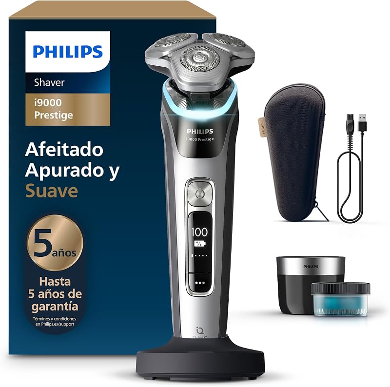 i9000 Prestige, Afeitadora Eléctrica Hombre, Máquina de Afeitar Barba en Seco y Húmedo, Tecnología SkinIQ, Base de Carga, Recargable, Estuche de Viaje, Centro de limpieza, XP9205/30