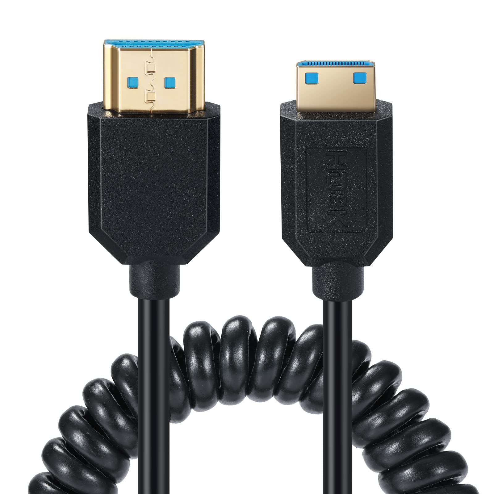 8K Mini HDMI to HDMI 2.1 Coiled Cable, Spring Gold HDMI to Mini HDMI Cable Cord, 8K@60Hz 48Gbps, Support Dynamic HDR for Cameras, Camcorder, Tablet Graphics/Video Card, Laptop, Raspberry Pi (Straight)