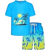 Boys Two Piece Rash Guard and Swim Trunks Outfit Set Kids Short Sleeve Swimsuit