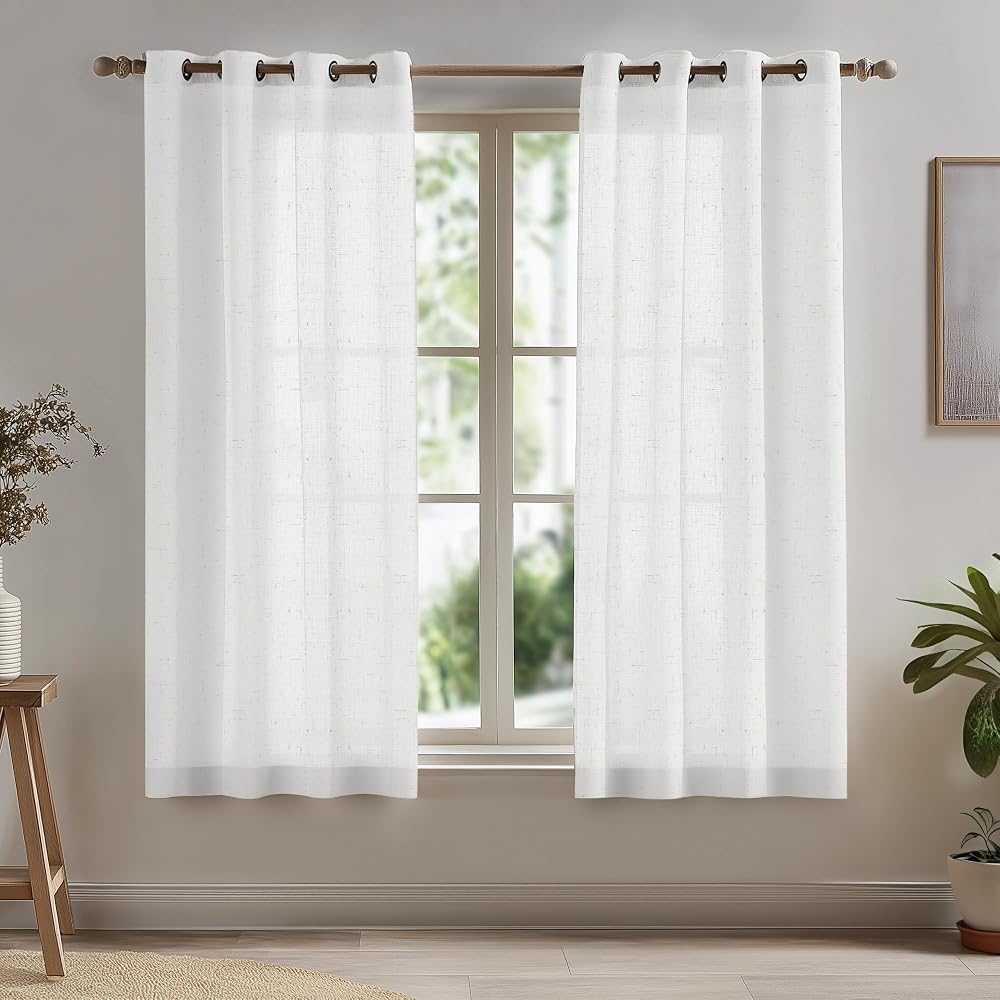 Deconovo White Net Curtains Eyelet 2 Panels 55 x 63 in Linen Sheer Voile