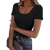 GKBK Women's Short Sleeve Tops Scoop Neck Lace Trim Ribbed Fitted Tight Shirts Casual Basic Tee Spring Clothes 2026 Trendy