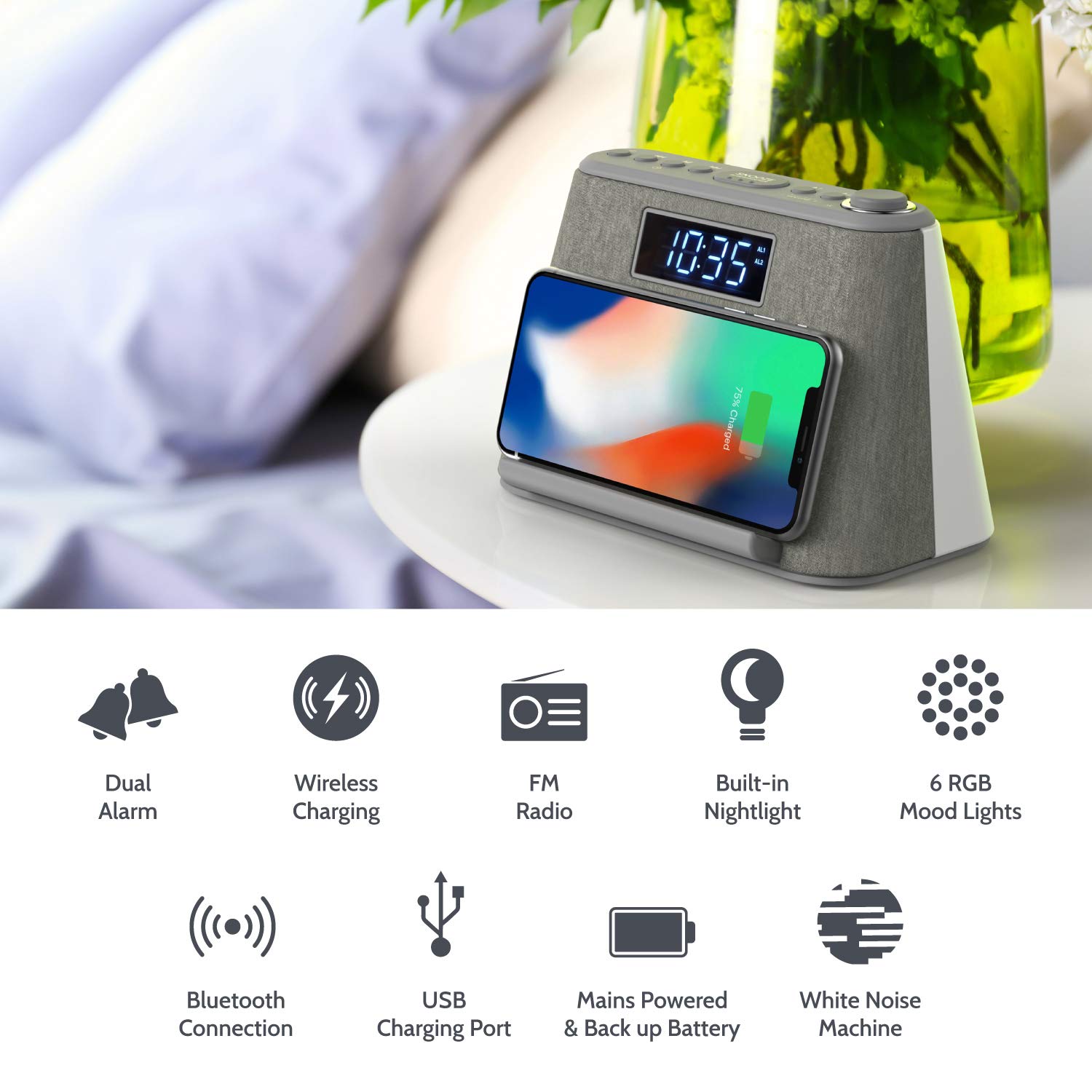 i-box Digital Alarm Clock Radio, Bedside LCD Alarm Clock with USB Charger & Wireless QI Charging, Bluetooth Speaker, FM Radio, RGB Mood LED Night Light Lamp, Dimmable Display and White Noise Machine