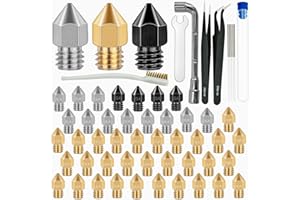 AXEYIL 50 Pcs 3D Printer Nozzles Hardened Steel Stainless Steel Brass Printer Extruder Nozzles Set for CR-10, Ender 3 High Temperature Pointed Wear Resistant Mk8 Nozzle Cleaning Kit