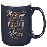 Christian Art Gifts Large Matted Ceramic Coffee & Tea Mug for Pastors: Preach the Good News Golden Inspirational Scripture, Lead & Cadmium-free Sturdy Novelty Mens Drinkware, Navy Blue & White, 14 oz.
