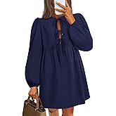 ZESICA Women's Dress Fall Long Puff Sleeve Self Tie Front Babydoll A Line Pleated Cute Mini Tunic Dresses 2026