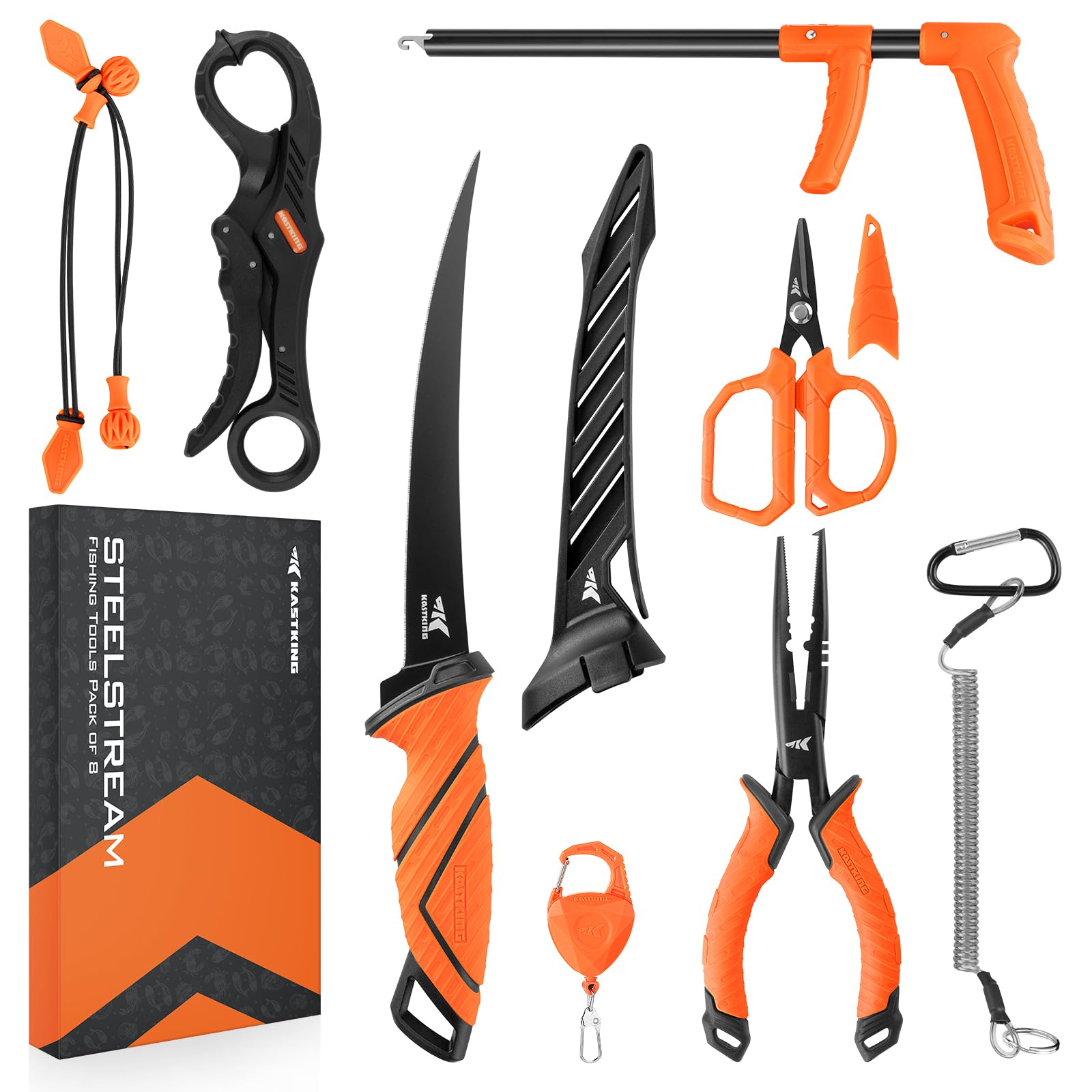 Photo 1 of KastKing SteelStream 8pc Fishing Tool Kit - Fishing Pliers with Lanyard, Fillet Knife, Floating Fish Lip Gripper, Fishing Braid Scissors, Tool Retractor, Fishing Hook Remover, Bungee Cords