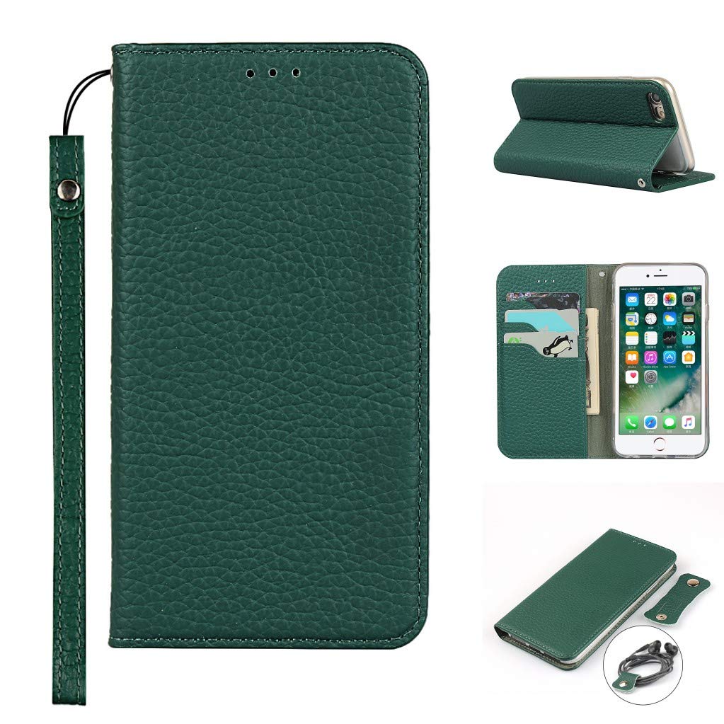 Copmob iPhone 7 Plus Case,iPhone 8 Plus Case,Genuine Leather Flip Wallet Case,[3 Card Holders][Magnetic][RFID-Blocking],Protective Case Cover for iPhone 7 Plus/8 Plus - Dark Green