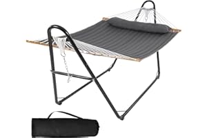 SUNCREAT Extra Large Double Hammock with 10 ft Stand Included, 475 lbs Capacity, Outdoor Heavy Duty Hammock with Large Soft Pillow, Dark Gray
