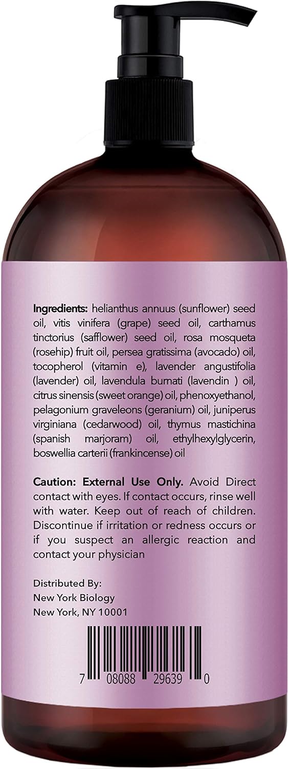 New York Biology Lavender Massage Oil - 100% Natural Ingredients - Sensual Body Oil Made with Essential Oils for Muscle Relaxation and Deep Tissue - 9 oz : Beauty