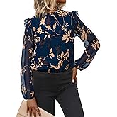 Simplee Womens Floral Boho Tops Trendy Ruffle Long Sleeve Blouses Fall Dressy Mock Neck Loose Casual Work Shirts