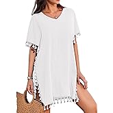 AI'MAGE Women Bathing Suit Cover Up Tassel Swimsuit Coverup Short Sleeve Beach Cover Ups Dress V Neck Beach Wear S-3XL