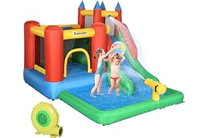 Outsunny 6-in-1 Kids Bounce House Inflatable Water Slide with Pool, Water Cannon, Climbing Wall, Inflator Included, Jumping Castle Kids Backyard Activity Outdoor Water Play Toy