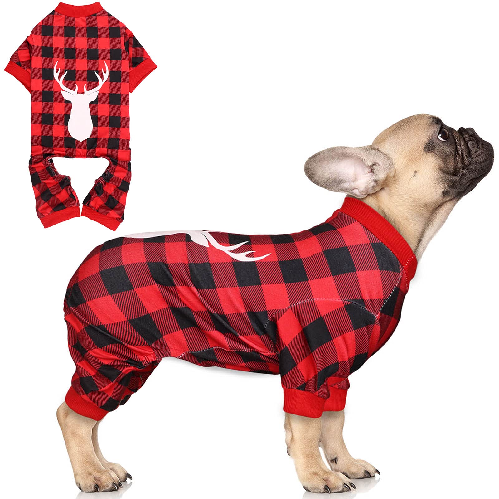 Buffalo Plaid Dog Pajamas with Reindeer Print - Super Soft & Stretchy Christmas Jammies for Small Dogs (S)