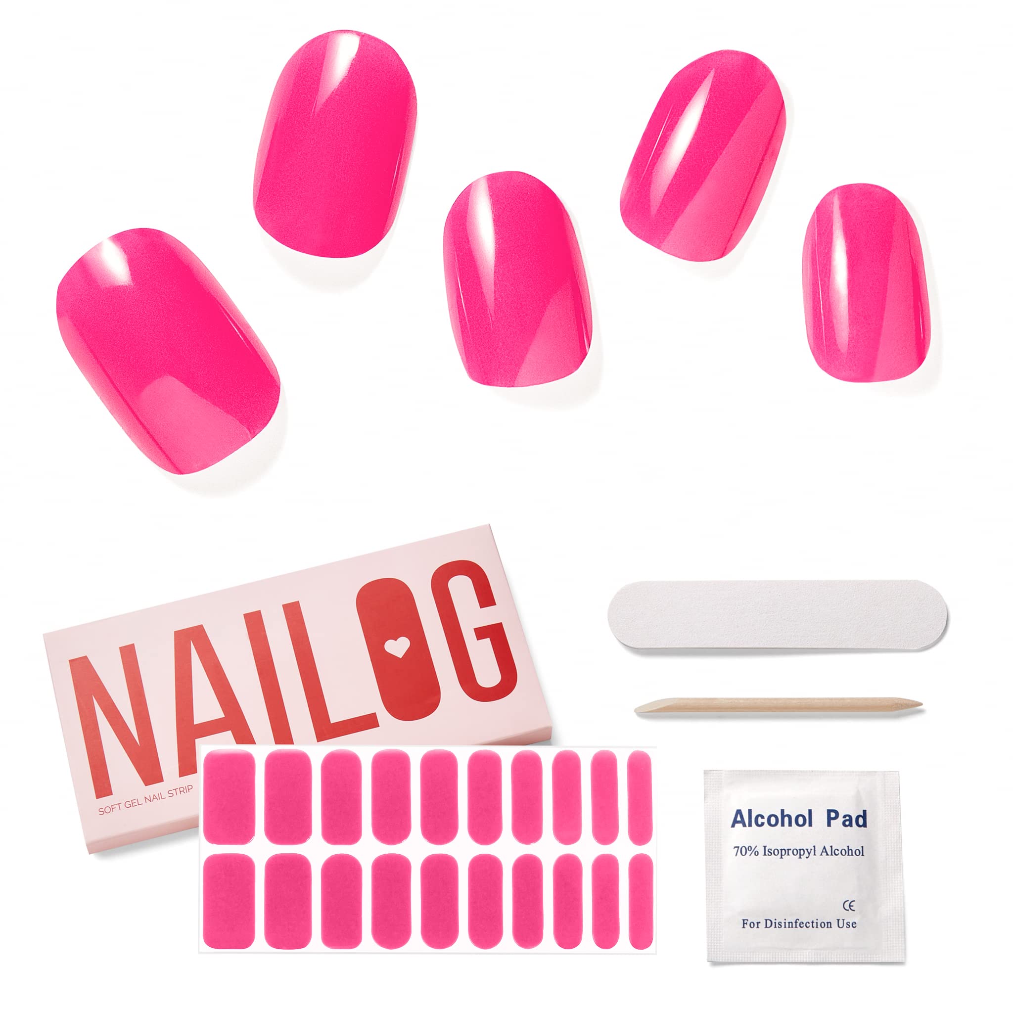 NAILOG Semi Cured Gel Nail Strips, Extra Long Nail Polish Strips (20 Pieces),UV/Led Lamps Nail Stickers with Soft Glossy Gel Finish,Pink Bomb — image 1