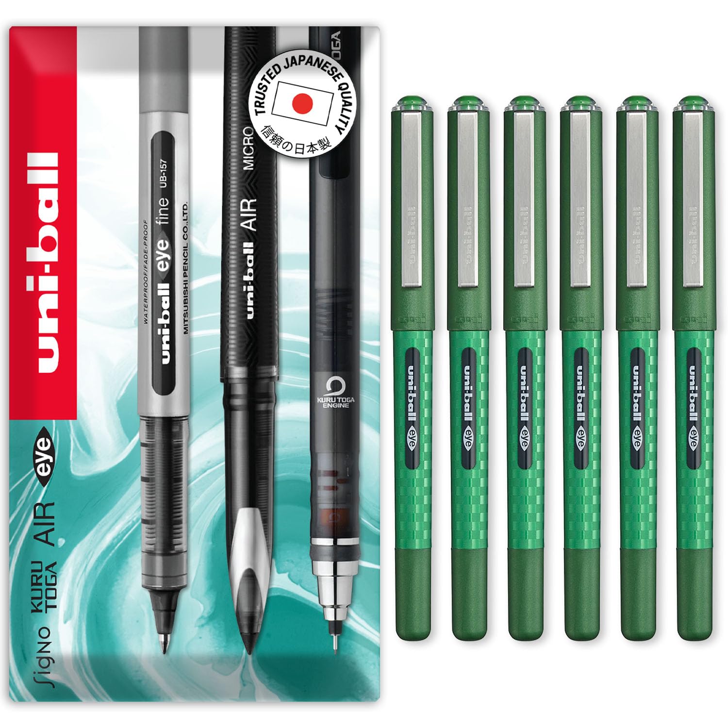 uni-ball EYE - UB-157D Liquid Ink Rollerball Pens - 0.7mm Nib - In Envelope Gift Packaging (Pack of 6, Green)