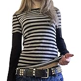 Womens Y2K Striped Long Sleeve Tops Vintage Crew Neck Harajuku Blouses Top Retro Tees Shirt Top Fall Winter Clothes