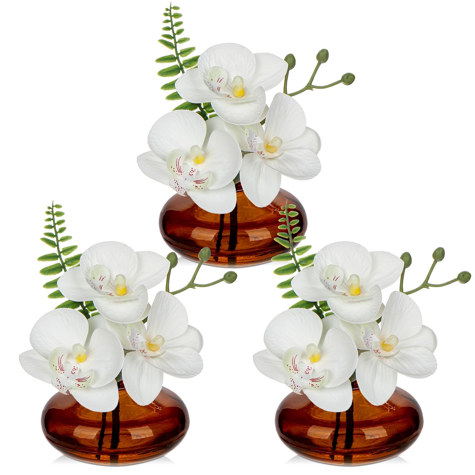 Briful Set of 3 Artificial Orchids in Amber Glass Vase, White Orchids Fake Flowers in Faux Water Artificial Flowers for Decoration Fake Plants for Living Room Bathroom Office Décor