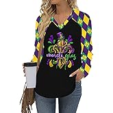 Mardi Gras Long Sleeve Shirts for Women: Funny Mask Graphic Tee Carnival V Neck Tshirt New Orleans Party Tops