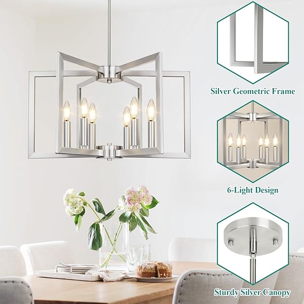 6-LIGHT BRUSHED NICKEL CHANDELIER, FARMHOUSE DINING ROOM LIGHT FIXTURE, MODERN CHANDELIER, GEOMETRIC INDUSTRIAL METAL HANG LIGHTING FIXTURE FOR FOYER ENTRYWAY KITCHEN OVER TABLE HALLWAY LIVING ROOM