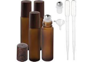 SESENSE Essential Oil Roller Bottles, 10ml Thick Glass Perfume Roller Bottles with Funnel Opener and Dropper Amber Glass Empty Bottles with Stainless Steel Roller Balls (Amber, 4 Pack)