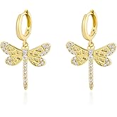 Dangle Gold Charm Earrings for Women 14K Gold Plated Bow Cherry Rose Zirconia Dragonfly Love Heart Wing Cross Pearl Conch Seashell Huggie Hoop Earring Drop Cross Trendy Party Jewelry Gifts for Women