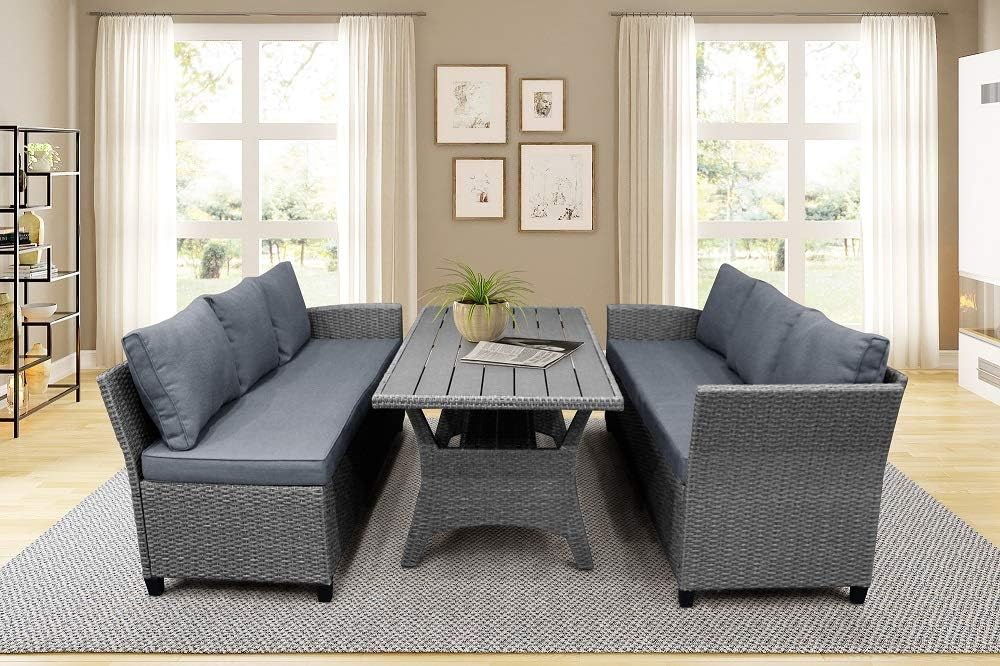 HCTT SHOW Patio Dining Table Set Outdoor Furniture PE Rattan Wicker Conversation Set All-Weather Sectional Sofa Set with Table & Soft Cushions (Brown（Gray) for Living Room,Outdoor Platform (Gray): Garden & Outdoor