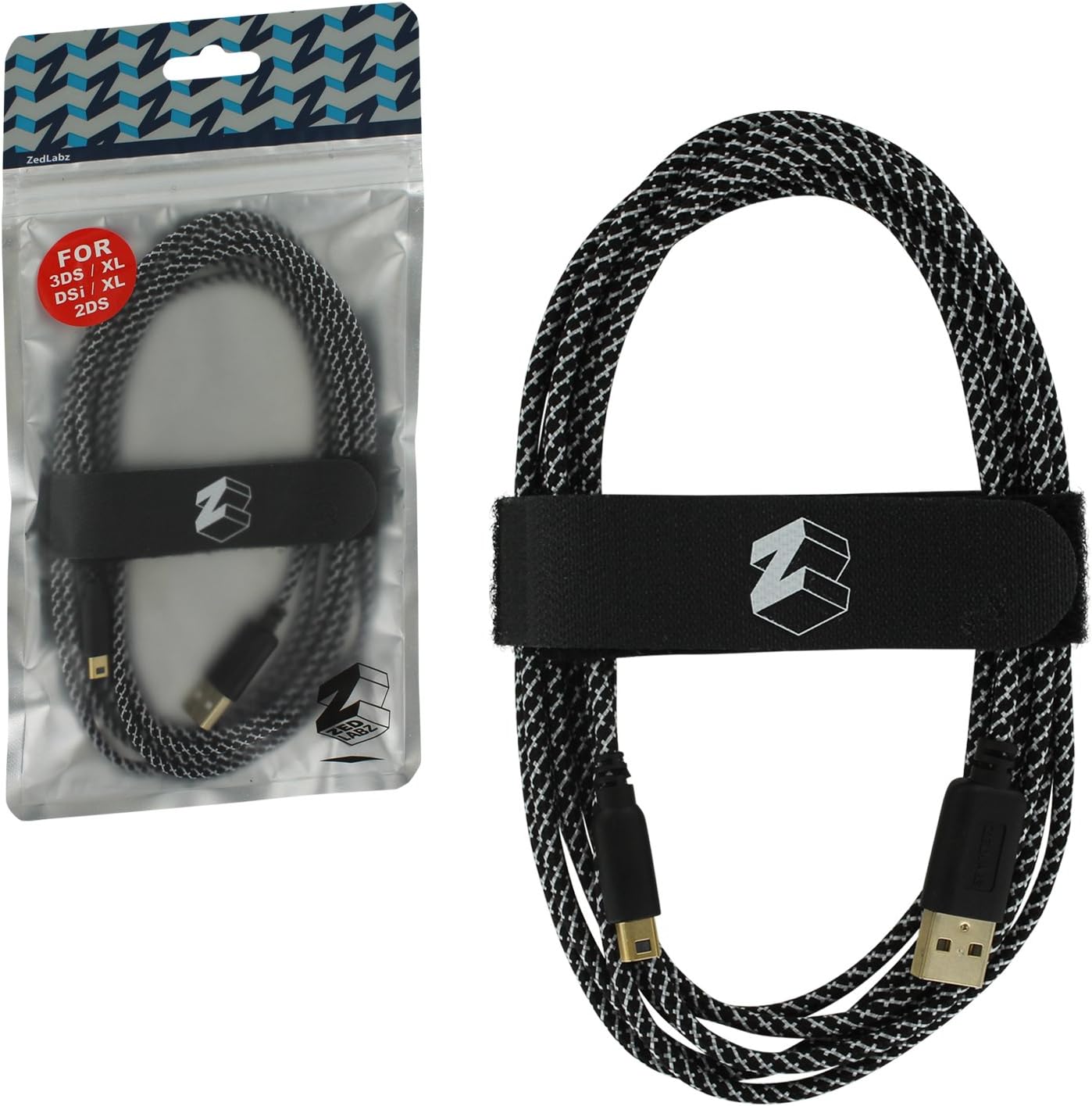 Charging cable for Nintendo 3DS, 2DS & DSi Ultra 3m braided USB adapter - gold plated extra long play & charge lead with cable tidy