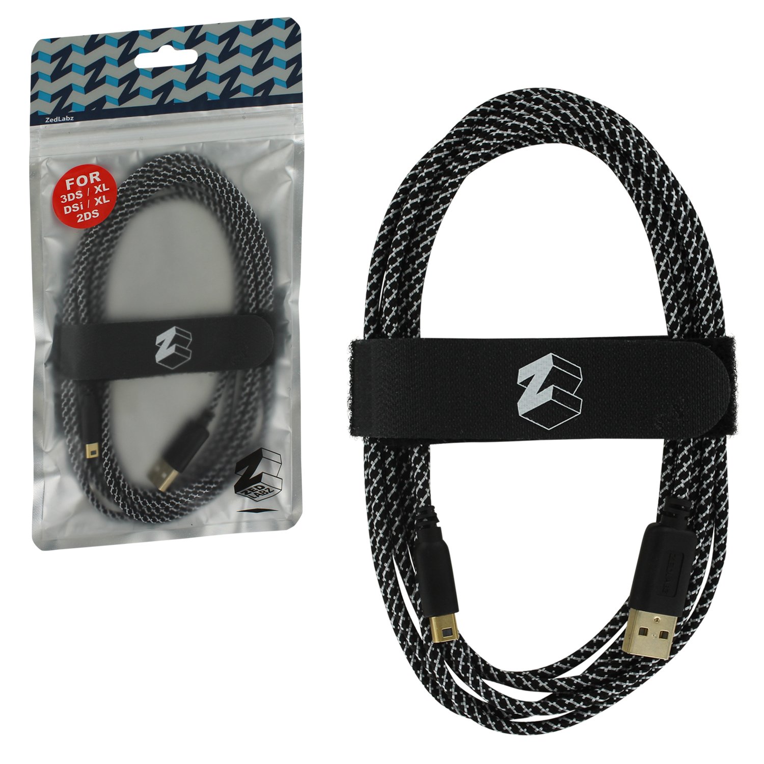 Charging cable for Nintendo 3DS, 2DS & DSi Ultra 3m braided USB adapter - gold plated extra long play & charge lead with cable tidy | ZedLabz