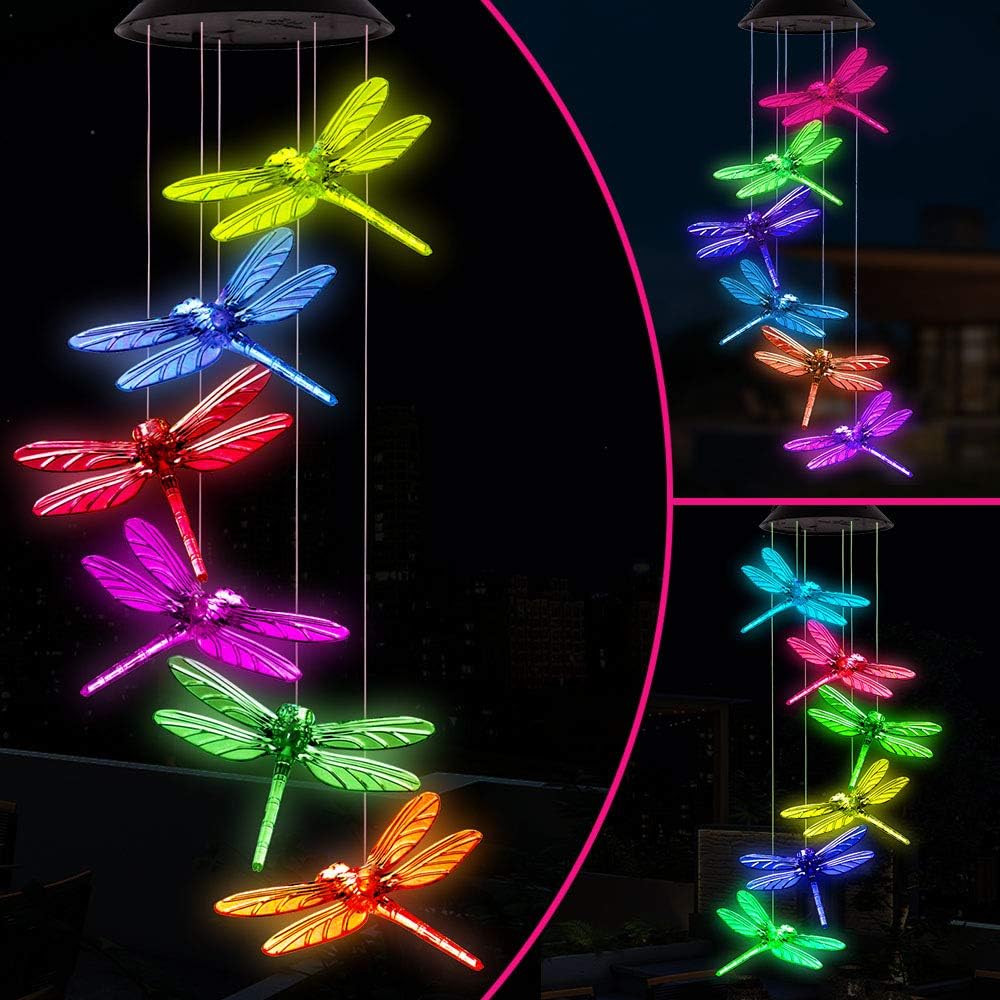ME9UE Color Changing Dragonfly Solar Wind Chimes Gifts Portable Hanging Waterproof Mobile Romantic Windchime Outdoor LED Solar Dragonfly Wind Chime Light for Festival,Mom Gifts,Patio,Garden Decoration: Home & Kitchen