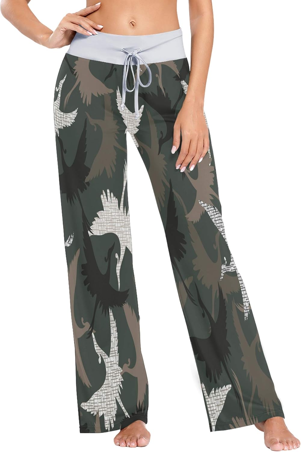 Women's Comfy Casual Pajama Pants Bird Camouflage Drawstring Palazzo Lounge Pants Wide Leg at 