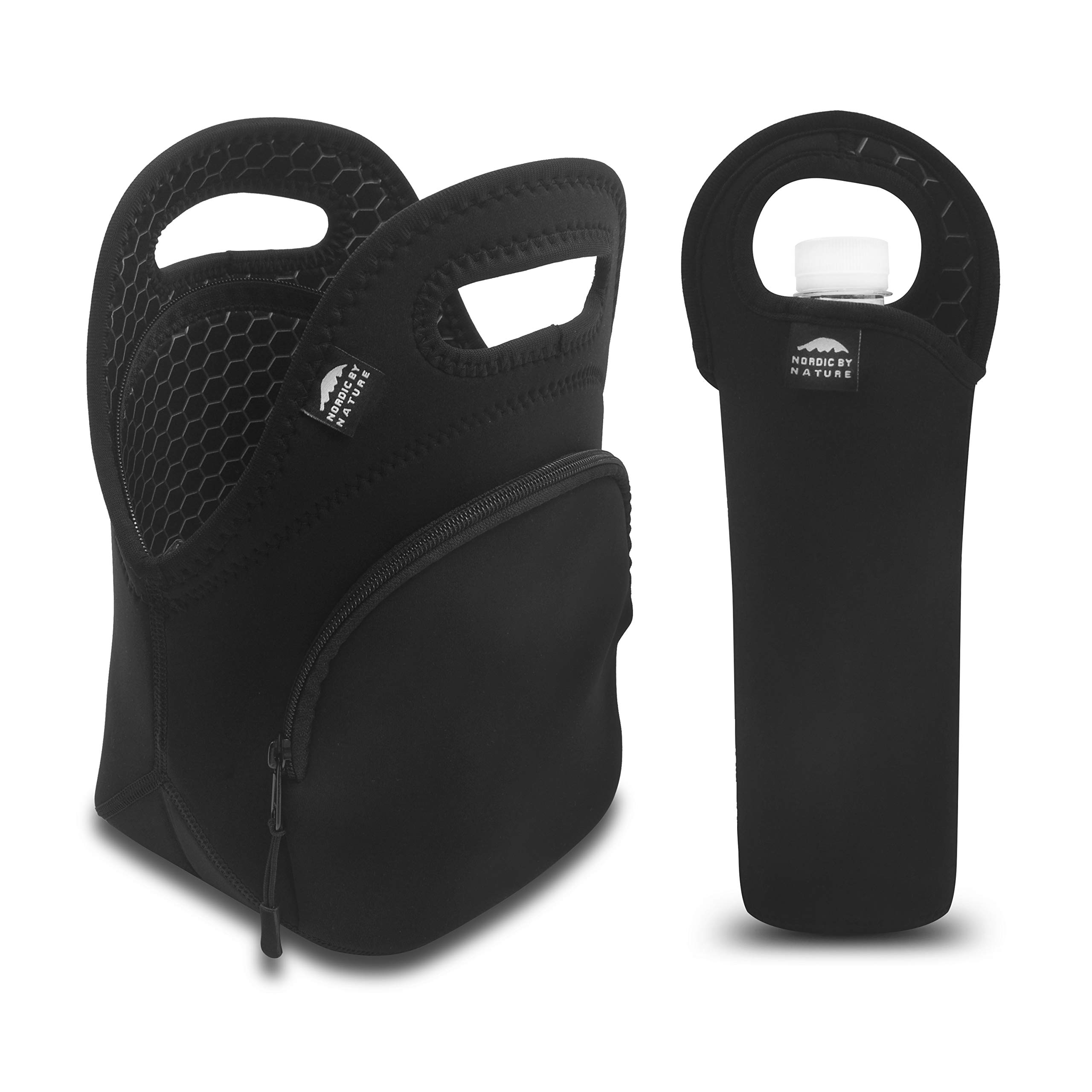 Nordic By Nature Insulated Neoprene Lunchbox Tote Lunch Bag Made for Women, Men and Kids | Includes 12" Big Bottle Cooler | Lightweight | Rugged Lunchbox | Washable | Black Metal Pattern