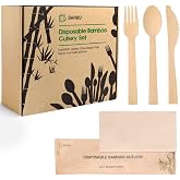 Bamboo Utensils with Napkin-58 Pack Individually Wrapped (6.7" 58 Forks 58 spoons 58 Knives 58 Napkins) Disposable Bamboo Cutlery Travel Set Compostable Biodegradable Fork Knife Spoon and Napkin