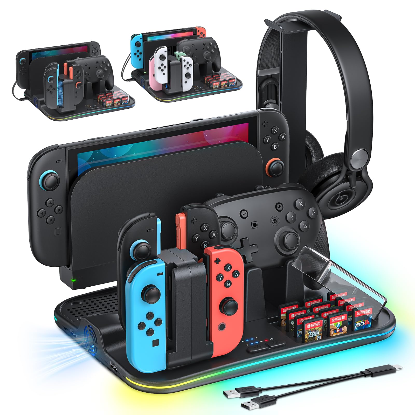 [Switch 2/1 Compatible] FASTSNAIL Charging Dock & Orgainzer Station & Cooling Fan for Nintendo Switch 2/1/OLED, Storage Stand for JoyCon 2/1 with 12 Card Slots, Controller/Headset Holder, 9 RGB Modes