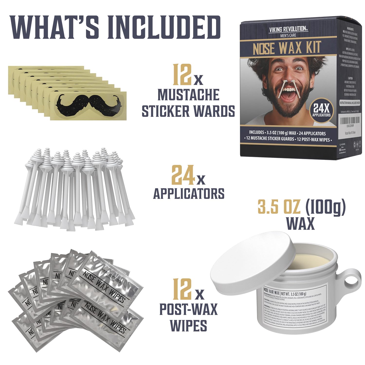 Viking Revolution Nose Hair Waxing Kit for Men - Quick Kit Men with 24 Wax Sticks - Nose Hair Wax Kit Includes Mustache Sticker Guard and Post-Wax Calming Wipes with Aloe Vera (3.5 oz)
