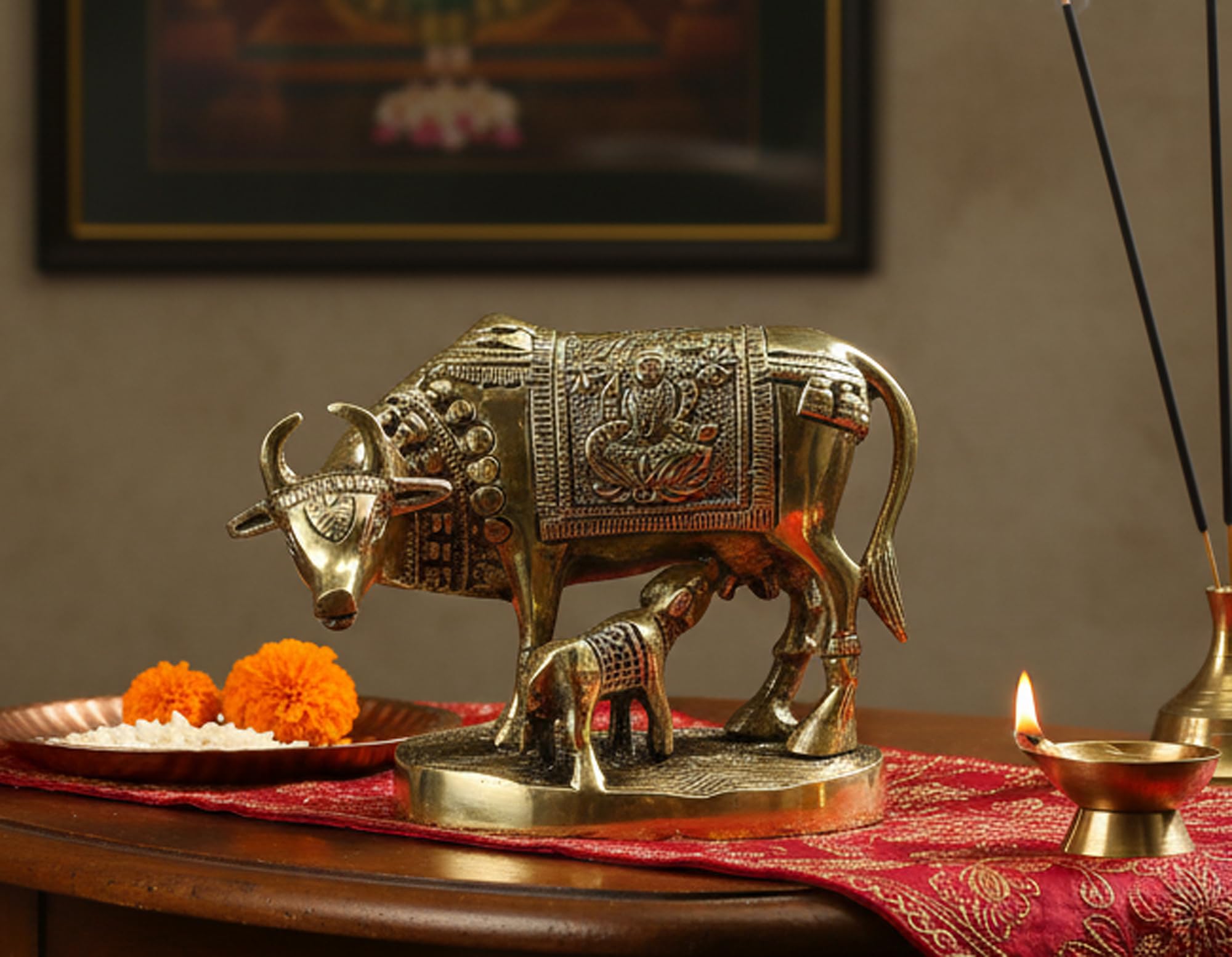 StonKraft Beautiful Lucky Figurine - Nandi Kamdhenu Cow and Calf Brass Sculpture Statue