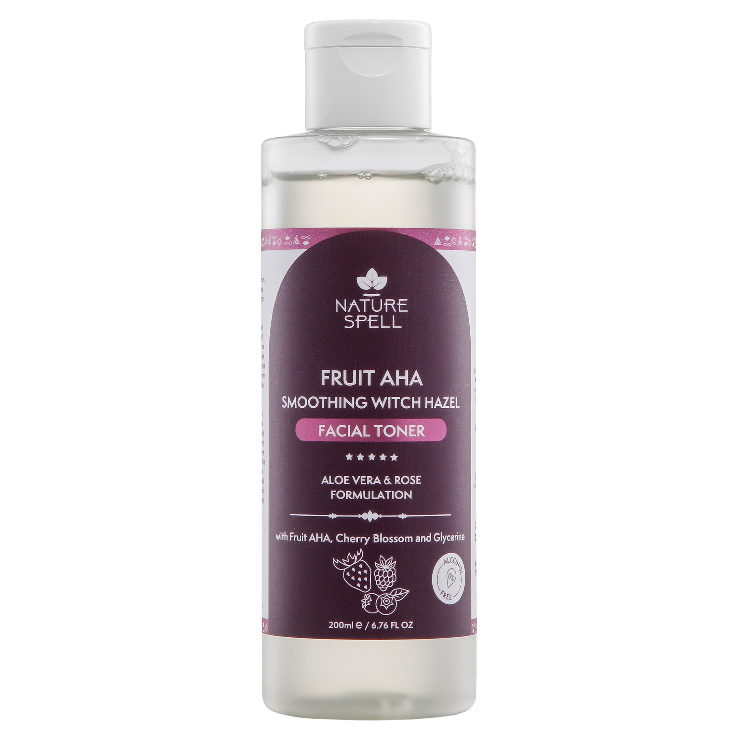 Nature Spell Fruit AHA & Witch Hazel Toner for Face, Soothing & Hydrating Face Toner, Helps Tighten Pores, Infused with Aloe Vera, Rose Water & Cherry Blossom, Alcohol-Free, Vegan Skincare, 200ml