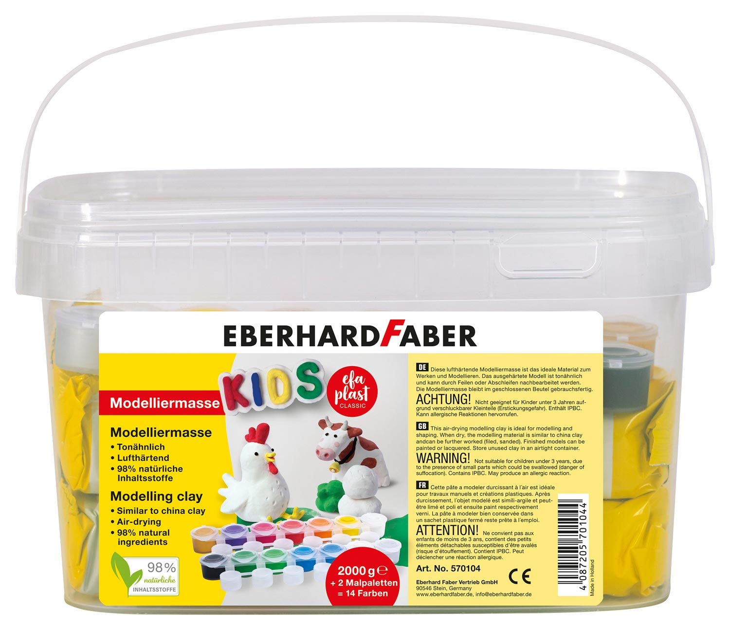 Eberhard Faber 570104 Modelling Clay 2 kg White with 14 Colours and 2 Painting Palettes in a Practical Bucket, Air-Hardening, Clay-Like, Creative Painting and Craft Fun for Small and Large Artists