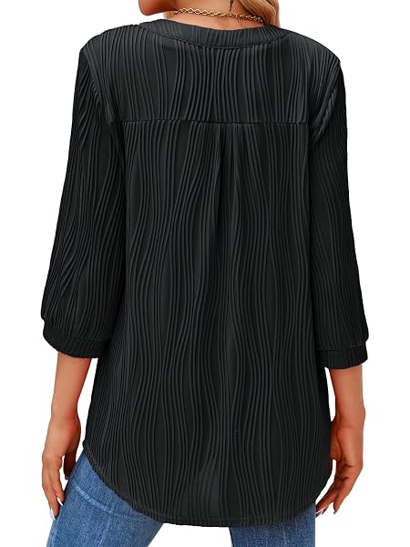 TANKANEO WOMENS 3/4 SLEEVE TUNIC TOPS LOOSE FIT DRESSY CASUAL V NECK TEXTURED SHIRTS BLACK, SMALL