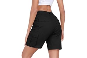 MoFiz Women's Cargo Shorts Bermuda Shorts Button Pockets Elastic Waist Knee Length Long Hiking Casual Shorts for Summer