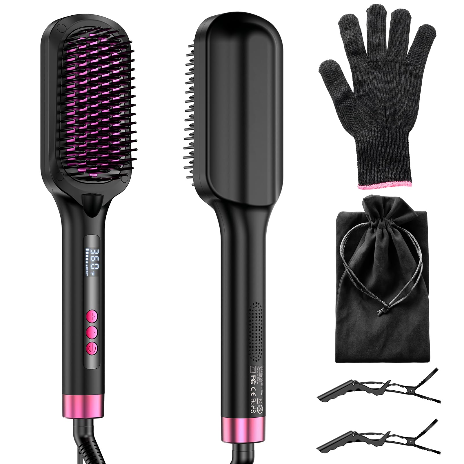 Photo 1 of Hair Straightener Brush, 30s Fast Heated Negative Ionic Hair Straightening Brush, Global Voltage, 16 Temp Modes, Anti-Frizz & Anti-Scald & Auto Temperature Lock & Auto-Off Function-Black