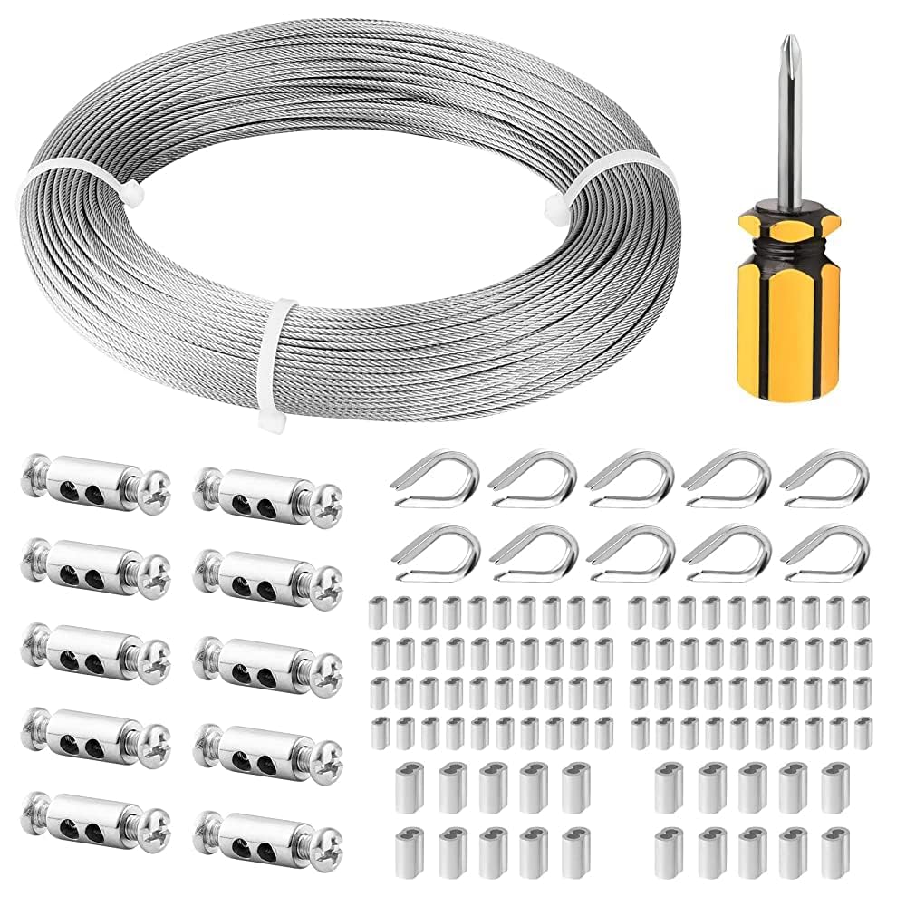 Fshihine 50M Garden Wire for Climbing Plants, 1.5mm Stainless Steel Cable with Wire Rope Clips & Thimbles for Garden Fence, Vine Eyes for Climbing Plants, Picture Hanging, String Light Hanging
